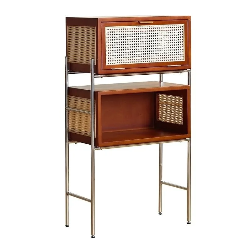 

Solid wood medieval sweeping robot storage cabinet rattan multi-layer side cabinet storage cabinet Japanese ins storage locker