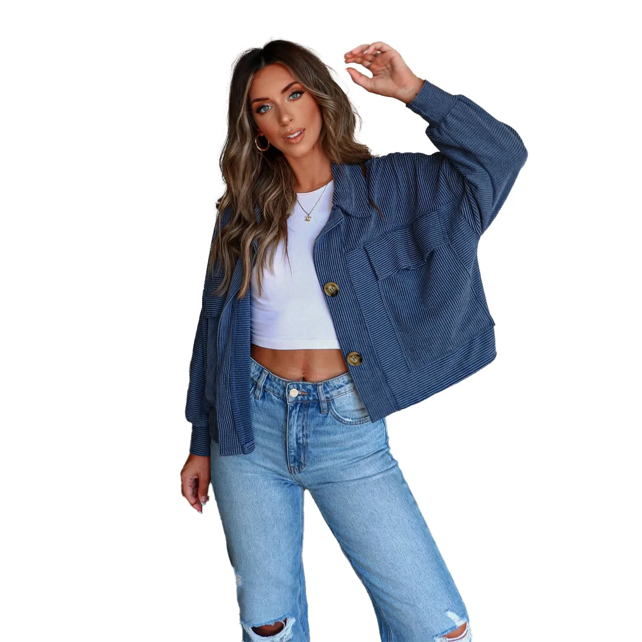 25 Autumn/Winter Women's Short Casual Pit Strip Single Breasted Long Sleeved Coat For Women -23147