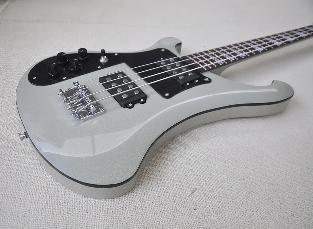 4 Strings Left Hand Metal Silver Electric Bass Guitar with Humbuckers Pickups,Rosewood Fretboard