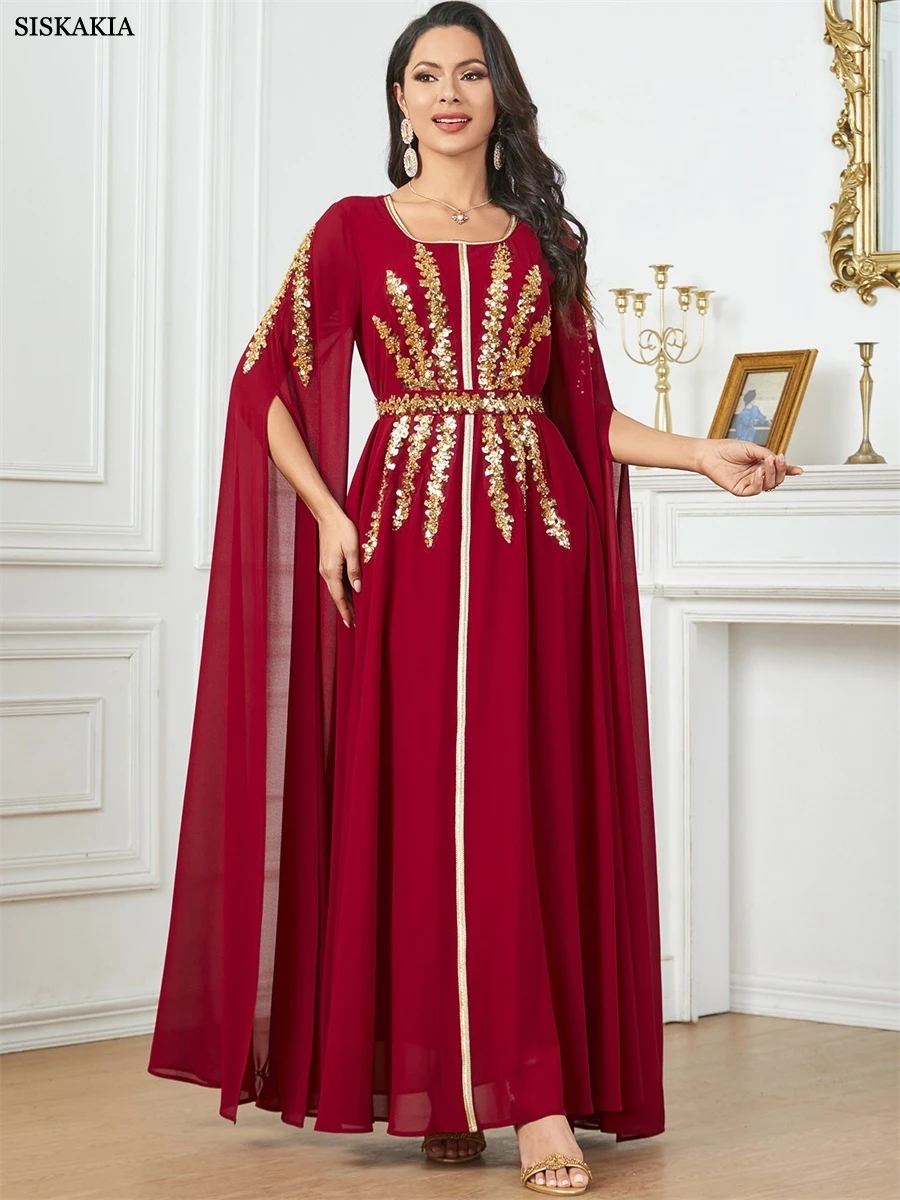 Sisakia luxe femme robe de soirée maille Super manches longues Abaya ceinture incluse paillettes Patchwork caftans femme