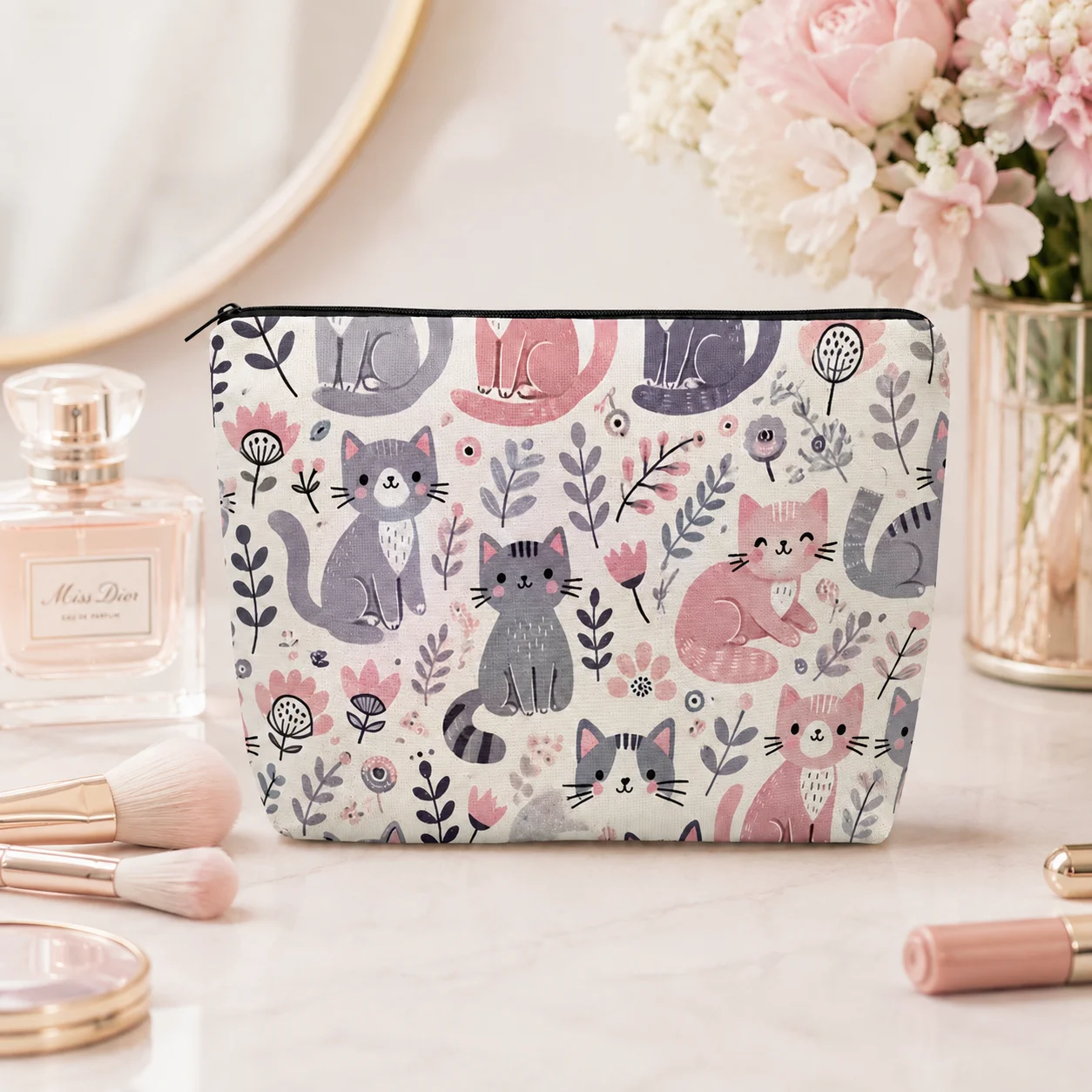 Cute Cat Floral Cosmetic Bag Cartoon Kitten Flower Print Canvas Zipper Pouch Portable Travel Makeup Storage Purse for Cat Lovers