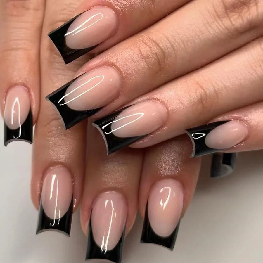 24Pcs Mid-length French Full Cover False Nails Black Bow Design Press on Nails Wearable Simple Ballet Manicure Fake Nail Tips