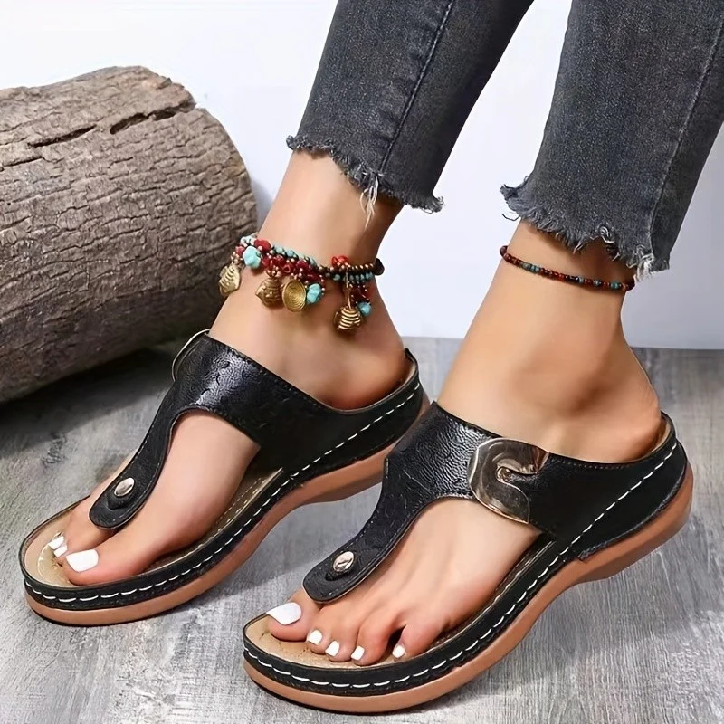 2024 Summer Women Wedge Sandals Premium Orthopedic Open Toe Sandals Vintage Anti-slip Leather Casual Female Platform Retro Shoes