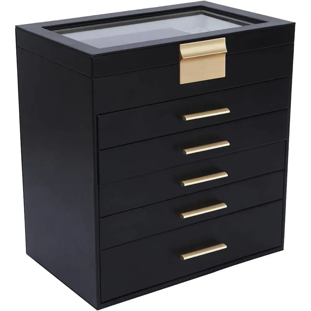 

Black 6 Layer Large Jewelry Organizer with Glass Lid for Necklace, Bracelet, Earrings, Rings Storage