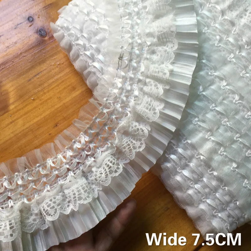 7.5CM Wide Beautiful White Black Pleated Chiffon Guipure Lace Fabric Fringe Ribbon Elastic Ruffle Trim Dress Collar Sewing Decor