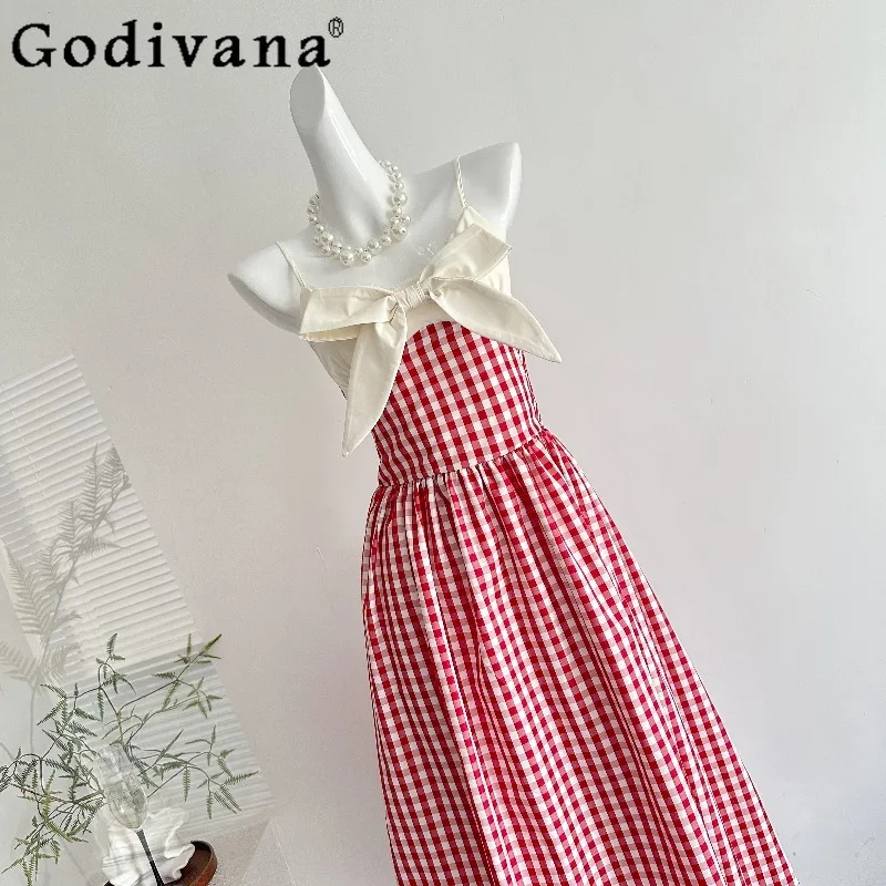 Summer Beach Style Women Plaid Long Dress Elegant Lace Patchwork Korean Dress Female Lolita Design Sexy Bow Collar Dress