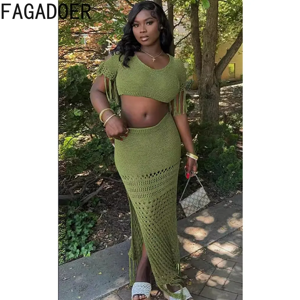 FAGADOER Green Fashion Knitting Hollow Tassels Two Piece Sets Women Round Neck Short Sleeve Crop Top+Skinny Slit Skirts Outfits