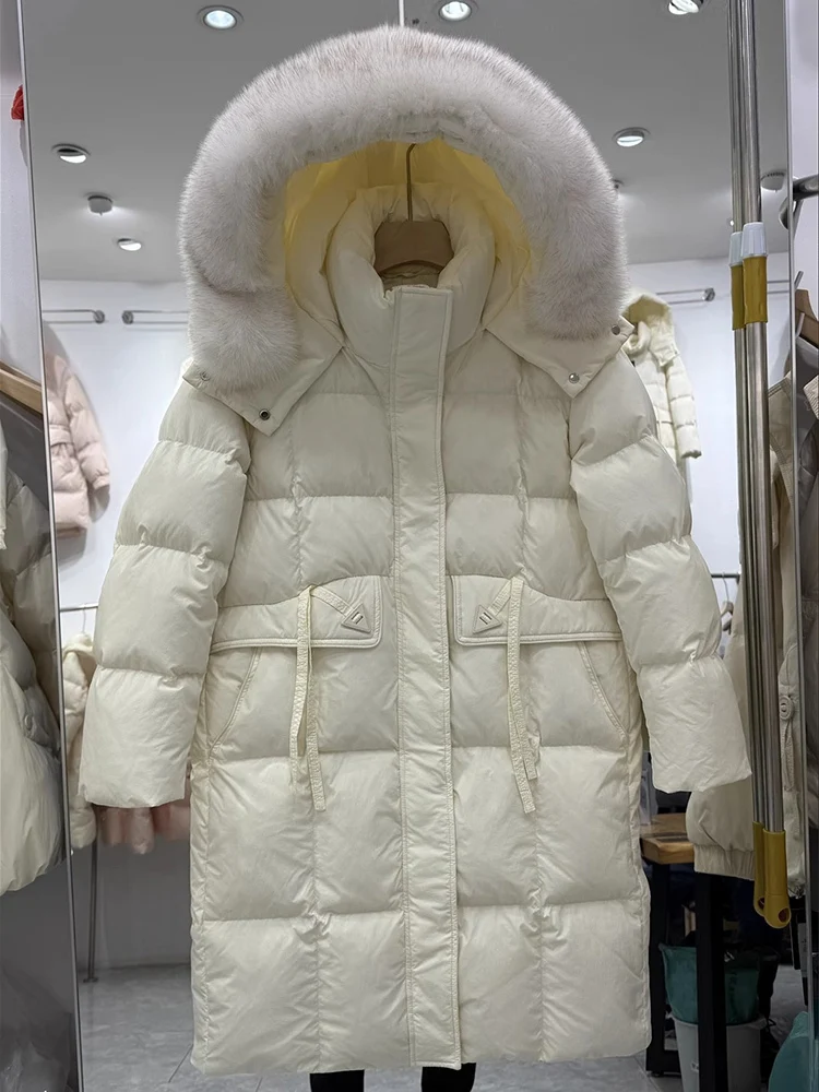 Winter new down jacket for women mid to long style knee length hooded real fox fur collar thick and loose white duck down jacket