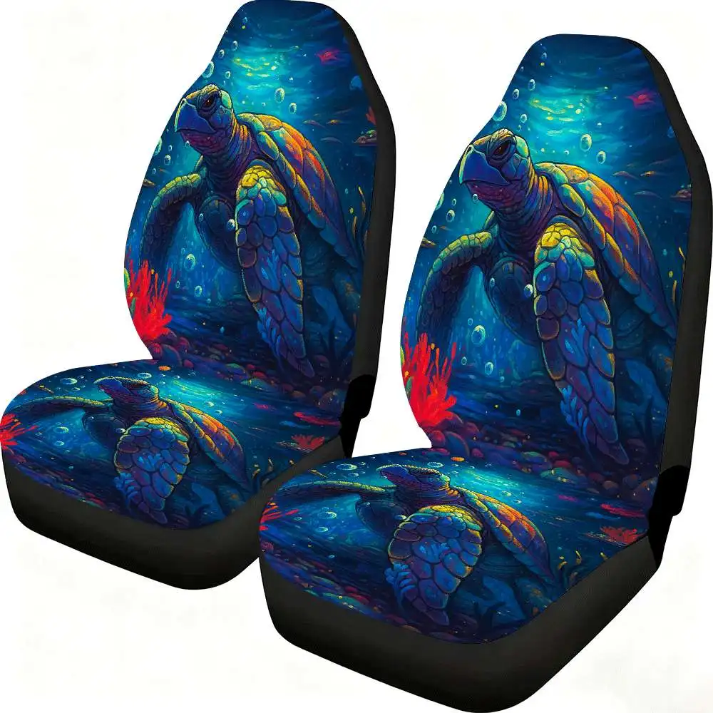 2pcs Colorful Sea Turtle Car Seat Covers - High Back Design, Polyester Material, Suitable For Front Seats, Cars, SUVs, Trucks, W