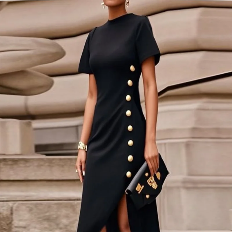 2026Modigirl Wedding Black Dresses for Women Gold Button Clothes Asymmetrical 2025 Summer Woman Short Sleeves Party Maxi Dresses view 2