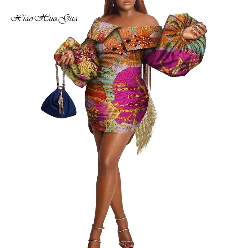 African Women Lantern Sleeve Dress Slash Neck Ankara Dress African Print Mini Dresses Women African Clothes Customize WY035