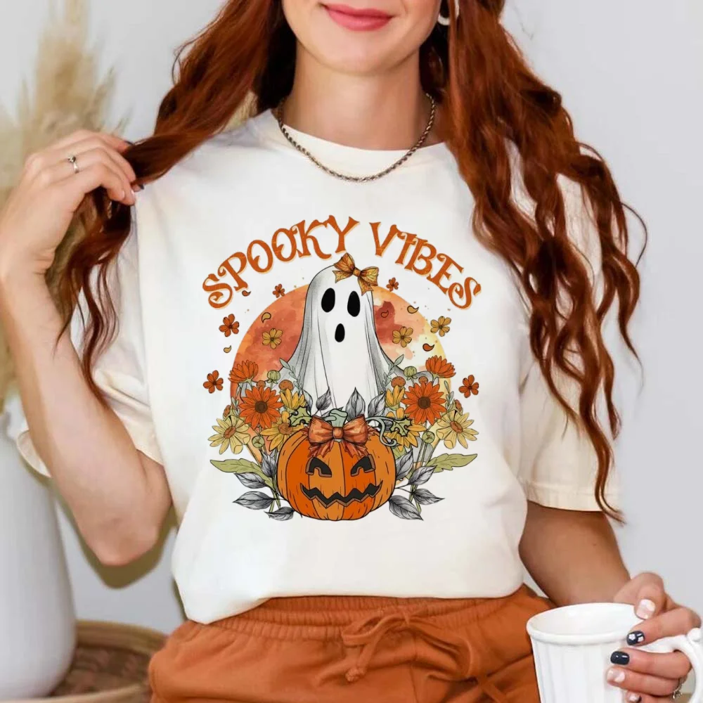 Women's Fashion T-Shirt Cartoon Cute Ghost Pumpkin T-Shirt Casual Printed Watercolor Trend 90s Pattern Top Women's Printed Cloth