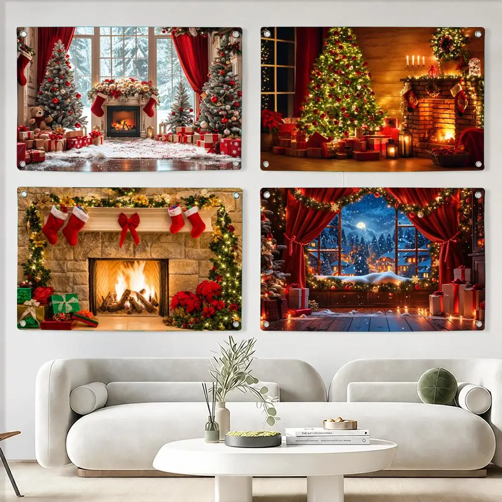 Christmas Fireplace And Stockings Flags Custom Wall Hanging Background Art Banner For Bedroom Home Living Room Outdoor Decor