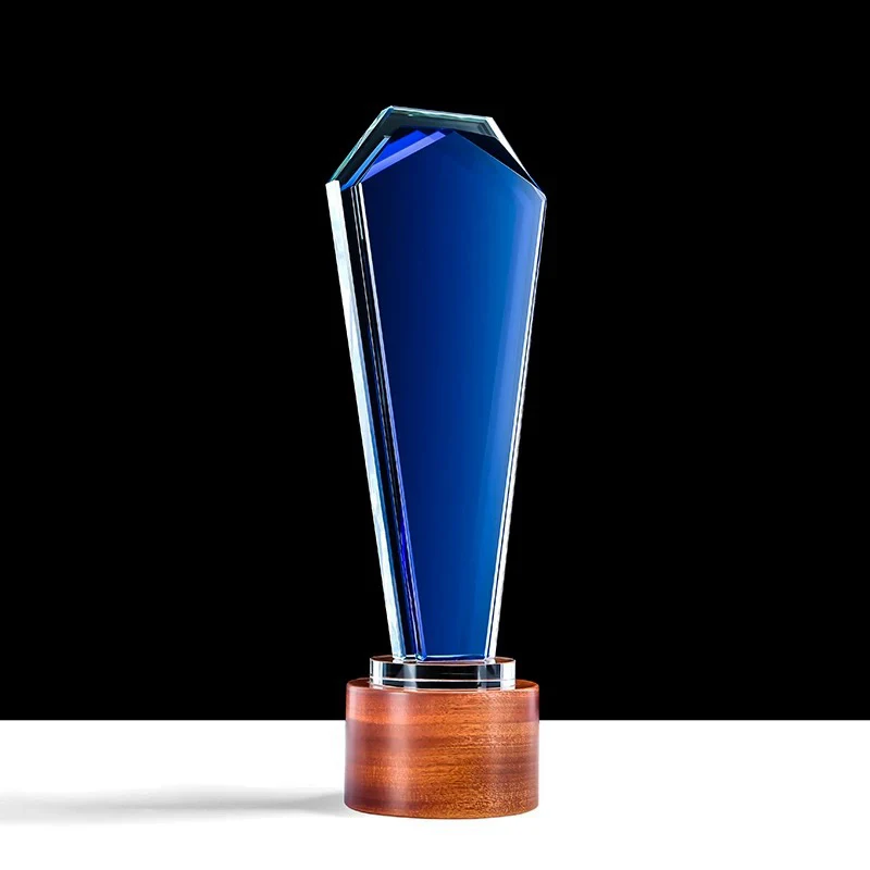 Creative Customized Blue Glass Wood Base Crystal Trophy Custom Engraving Logo Competition Prizes Trophy Souvenir Home Decor
