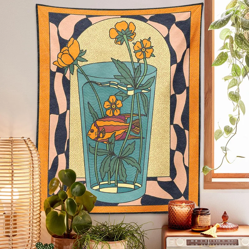VIKAMA Retro Fish & Flower Vase Tapestry Boho Art Style Wall Hanging for Bedroom Indie Decor