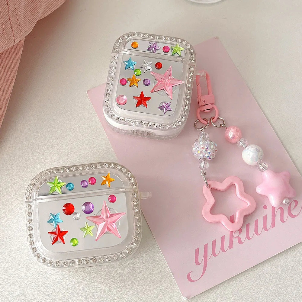 DIY Creative Stars Sticker Colorful Miroor Earphone Accessories Case For Airpods 3rd For Airpods 1 2 Pro Cover Keyring Ornament