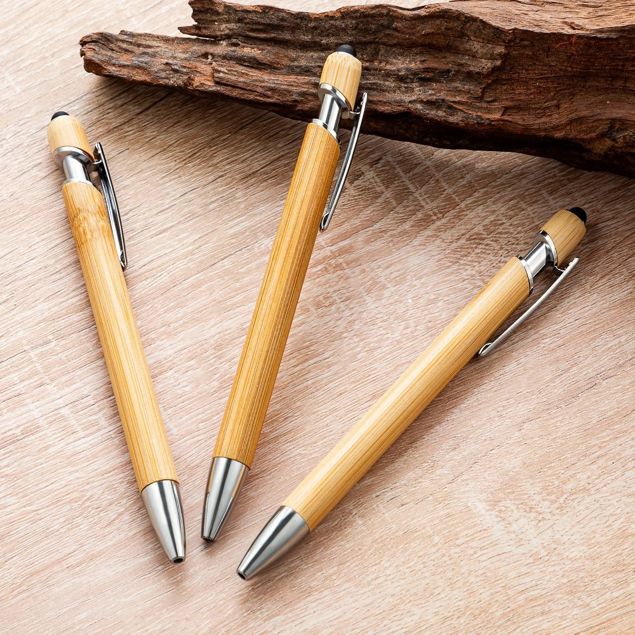 Wholesale Retractable Bamboo Ballpoint Pen | Natural Wooden Design Stylus Pen for Touch Screen | Custom Logo Promotional Gift