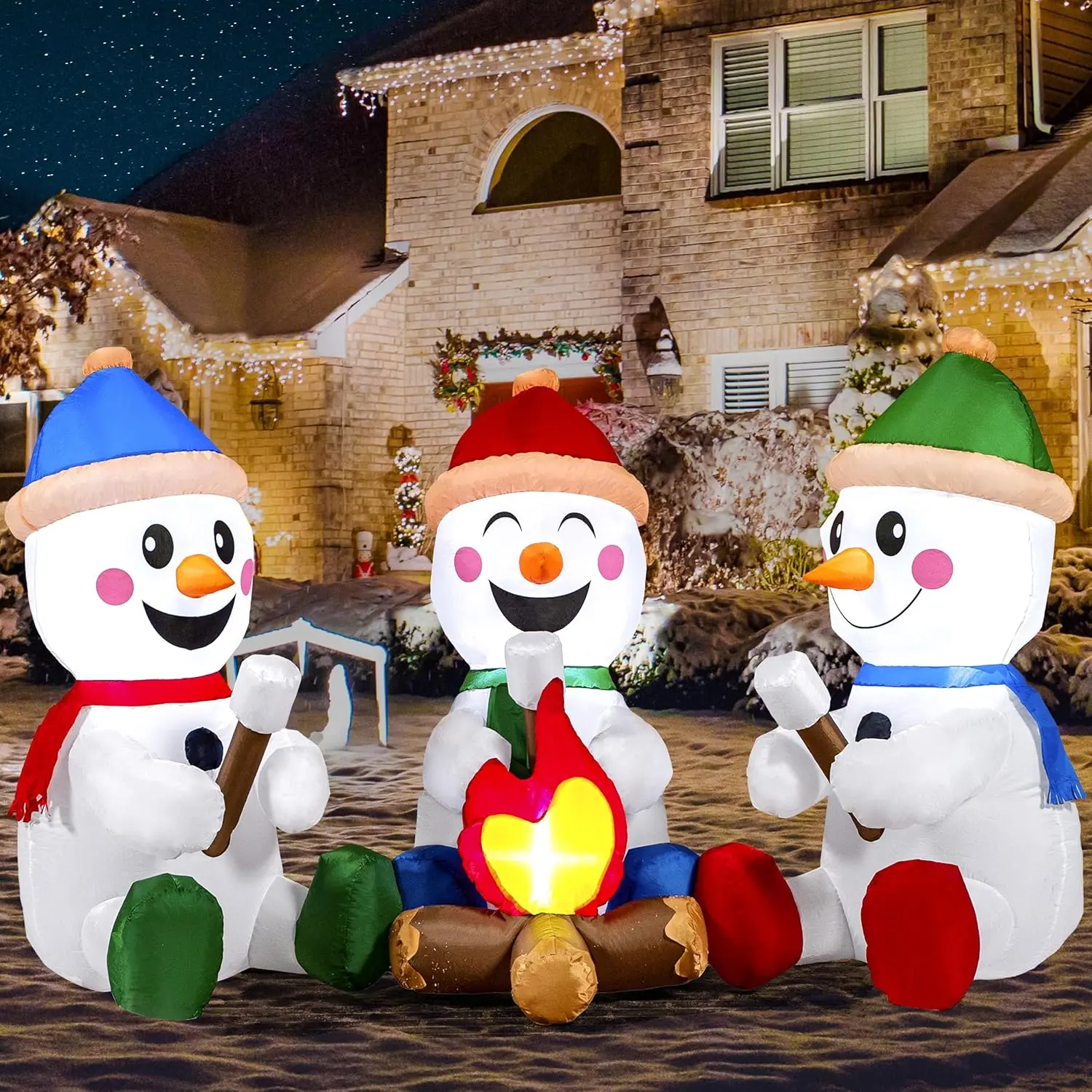 JOYFY Bonhomme de neige gonflable de Noël de 6 pieds de long avec feu de camp avec LED intégrées pour la décoration de cour gonflable de Noël de fête de Noël