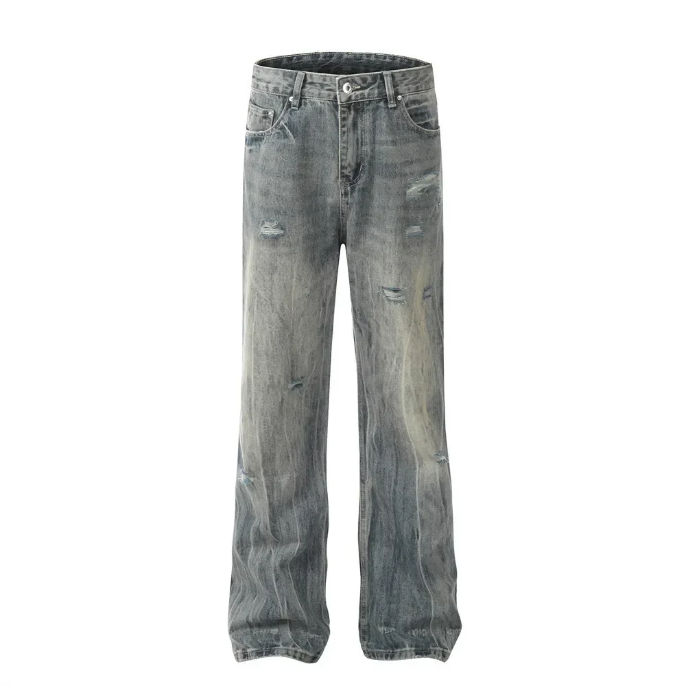 

Pop European And American Fashion High Street Ripped Jeans For Men, Retro Washed And Distressed Straight-leg Wide-leg Long Pants