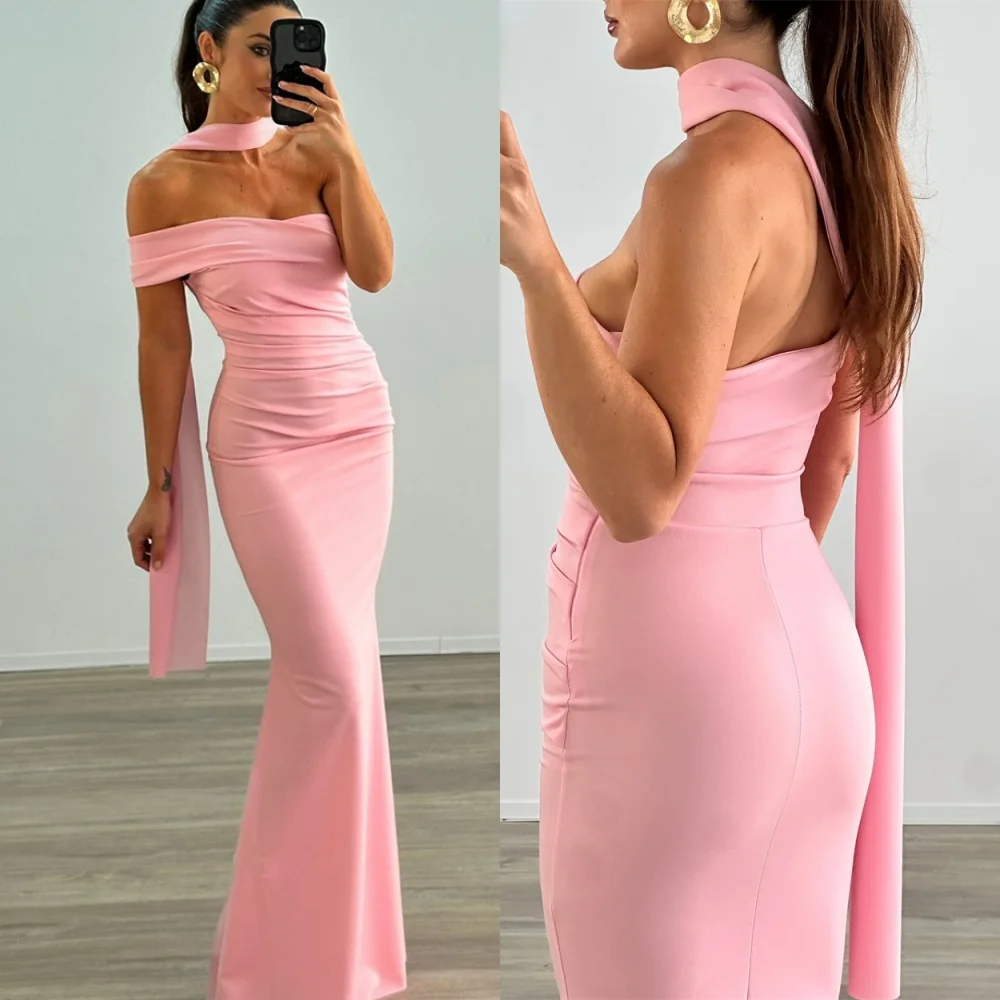 

Customized High Quality Pink Jersey Evening Dresses Temperament Off the Shoulder Celebrity Gowns Fashion Vestido De Festa