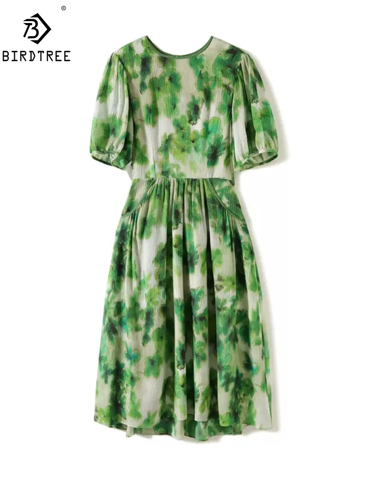 Birdtree, 100% Maul beers eide elegante Kleider, Frauen Kurzarm O-Ausschnitt Blumen, Retro Mode ol Kleid, Frühling Sommer d45694qm