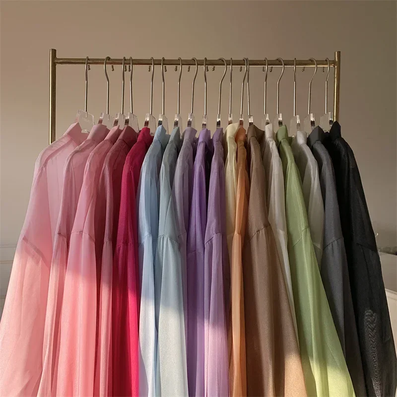 الباستيل زر أسفل قميص شيفون شفاف المتضخم كم طويل متجدد الهواء التستر في سن المراهقة فتاة المرأة قمصان بلوزة الزي غير رسمي #6