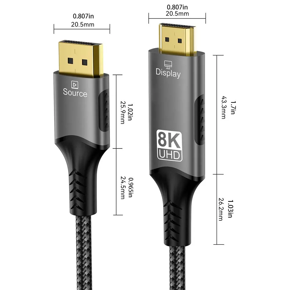8K@60Hz DisplayPort to HDMI Cable Unidirectional DisplayPort to HDMI Cable Braided Cable Compatible For HDTV/MacBook/Xbox