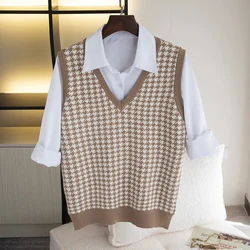 Houndstooth V-Neck colete sem mangas para mulheres, suéter de caxemira, colete primavera e outono, novo, 2023