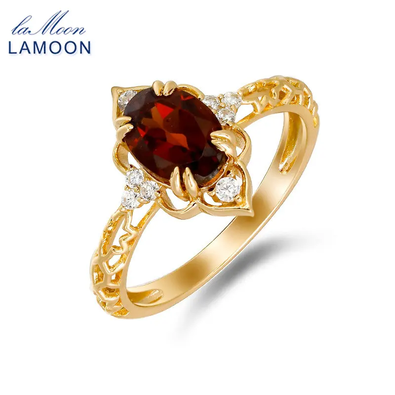 LAMOON Vintage Bijou Wedding Engagement Natural Garnet Ring For Women Hollow Out Pattern S925 Silver Gold Vermeil Fine Jewelry