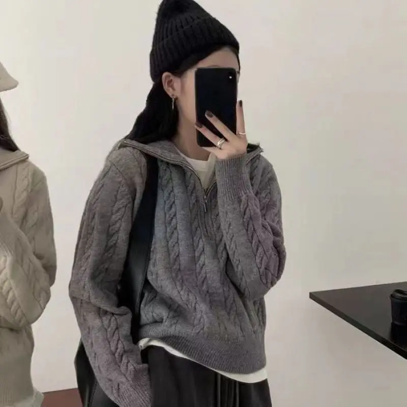 Autumn Winter South Korea Thick Knitted Top Women's Vintage Fried Dough Twists Half Zipper Lazy Versatile Short Pullover Sweater