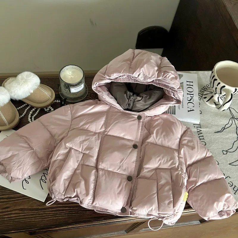 

Girls Coat 2025 Autum Nwinter Korean Style Fashion Trendy Pink Solid Color Thick Warm Long Sleeve Hooded Outerwear