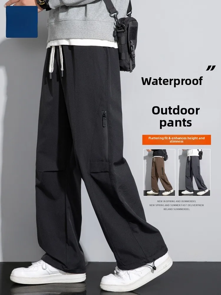 

Men's Windproof Work Trousers Spring Autumn Loose Straight Leg Waterproof Zipper Pocket Casual Long Pants Fashionable Youth S...