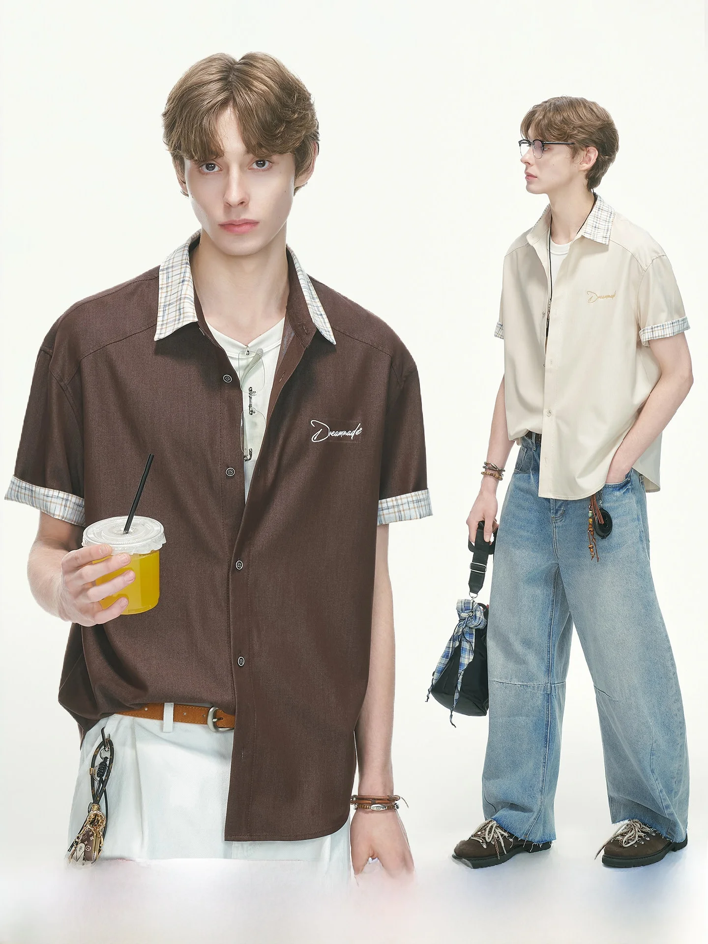 Dream Made Men's Summer Anti-Wrinkle Plaid Short Sleeve Shirt Loose Fit Comfortable Breathable Regular Length Youth Fashion