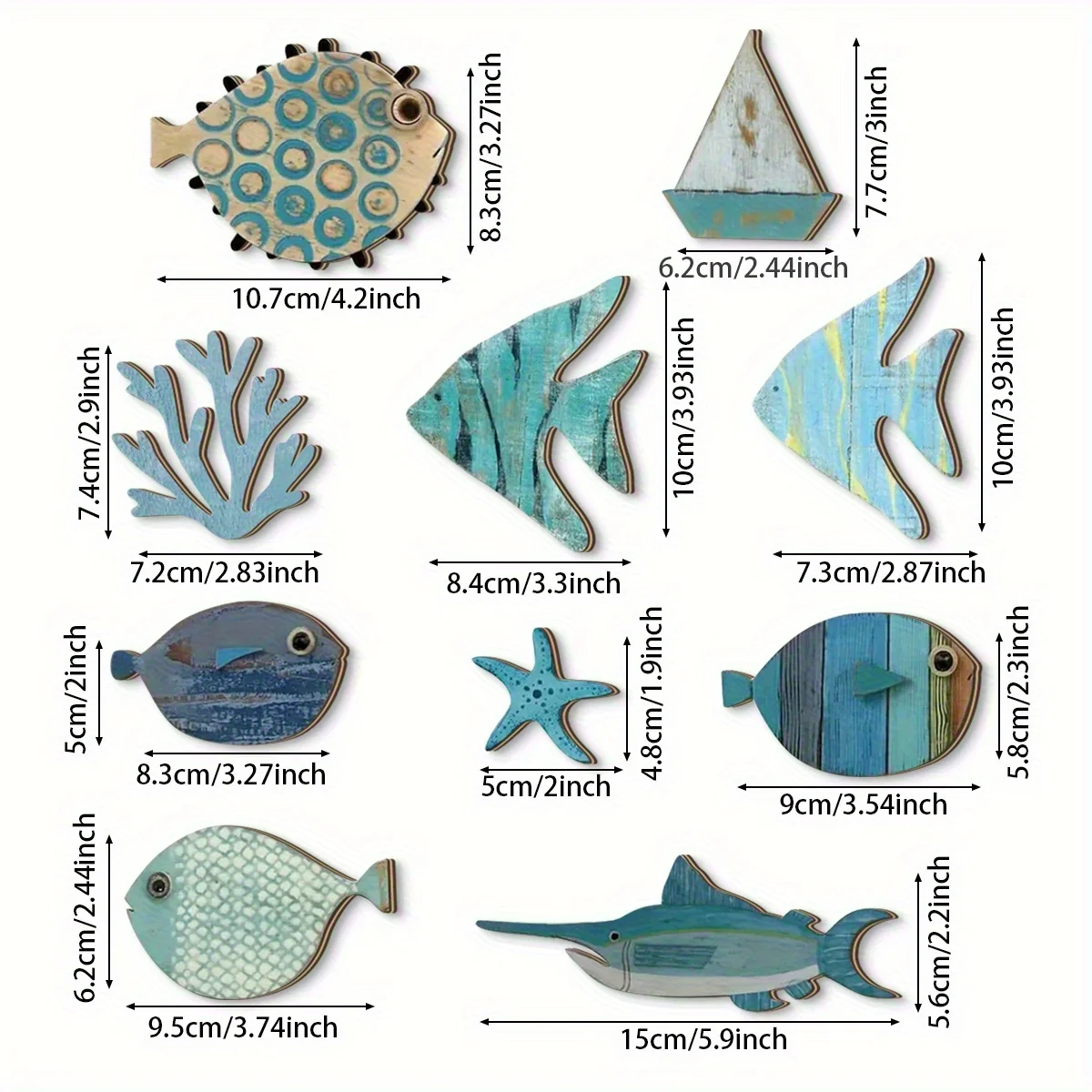 10pcs 2d Coastal Ocean Fish Wooden Wall Decor Set, Nautical Wood Fish Starfish Coral Hanging Plaque Beach Theme Wall Art