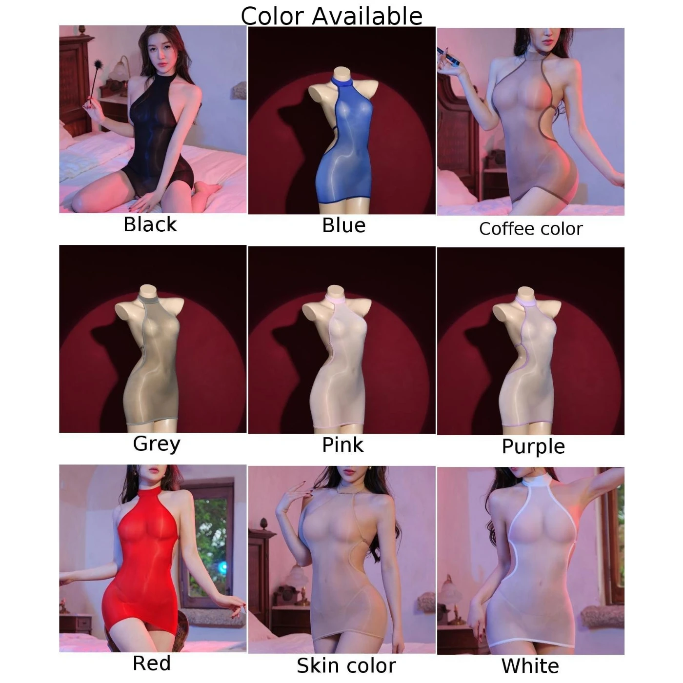 New Sexy Lingerie Women Thin Shiny Tight Dress Sheer Transparent Turtleneck Stretch Oil Stockings Buttocks Wrapped Ladies Dress