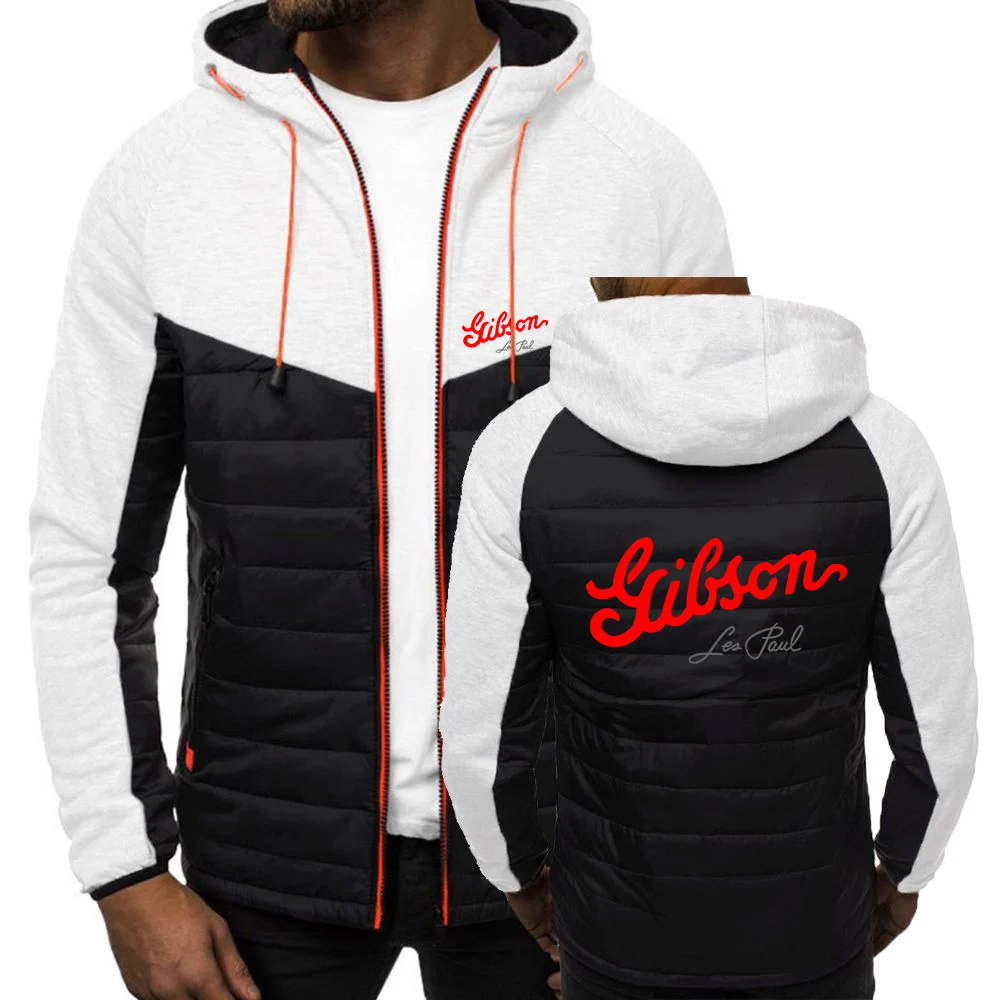 Guitar Gibson Les Paul 2024 Men Autumn and Winter Popular Patchwork Seven-color Cotton-padded Jacket Hooded Coat Printing Clothe