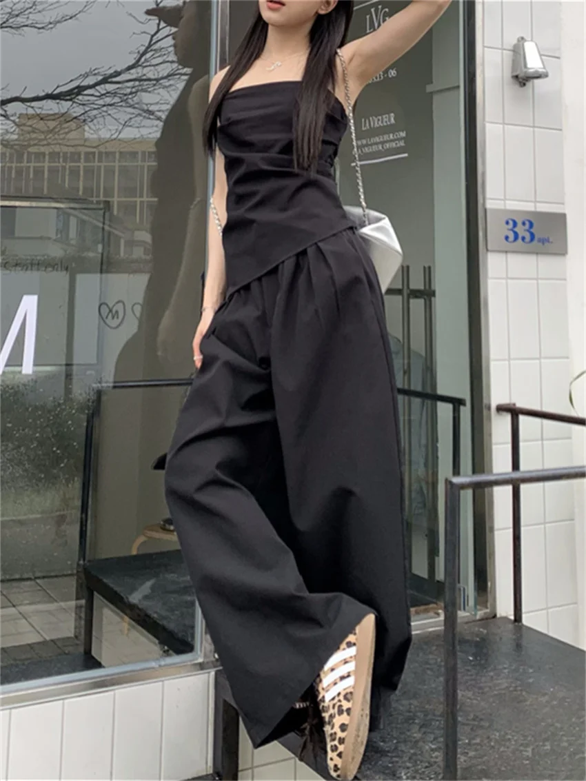 PLAMTEE High Street Women Suits Chic Tank Tops Casual 2024 Elegant Wide Leg Pants Straight Office Lady Fashion Summer Sets