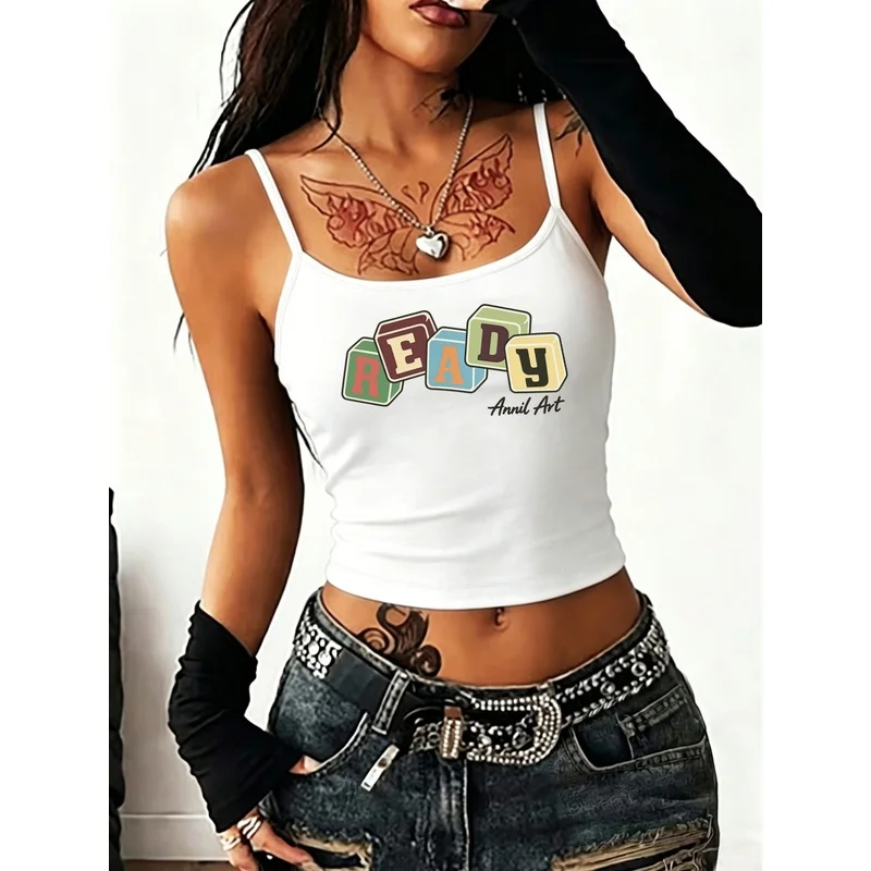 American-style Round Neck Camisole - Ready to Go, with a Pattern, Y2K Vintage Spicy Adjustable Thin Strap Cropped Camisole