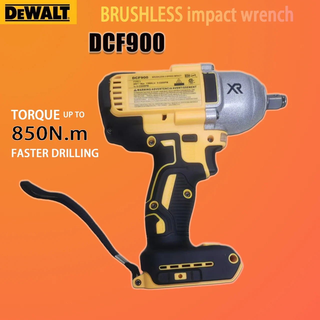 TORQUE UP TO850N.m FASTER DRILLING DEWALT DCF9001/2-inch brushless cordless high torque impact wrench, DEWALT 20V battery and ch