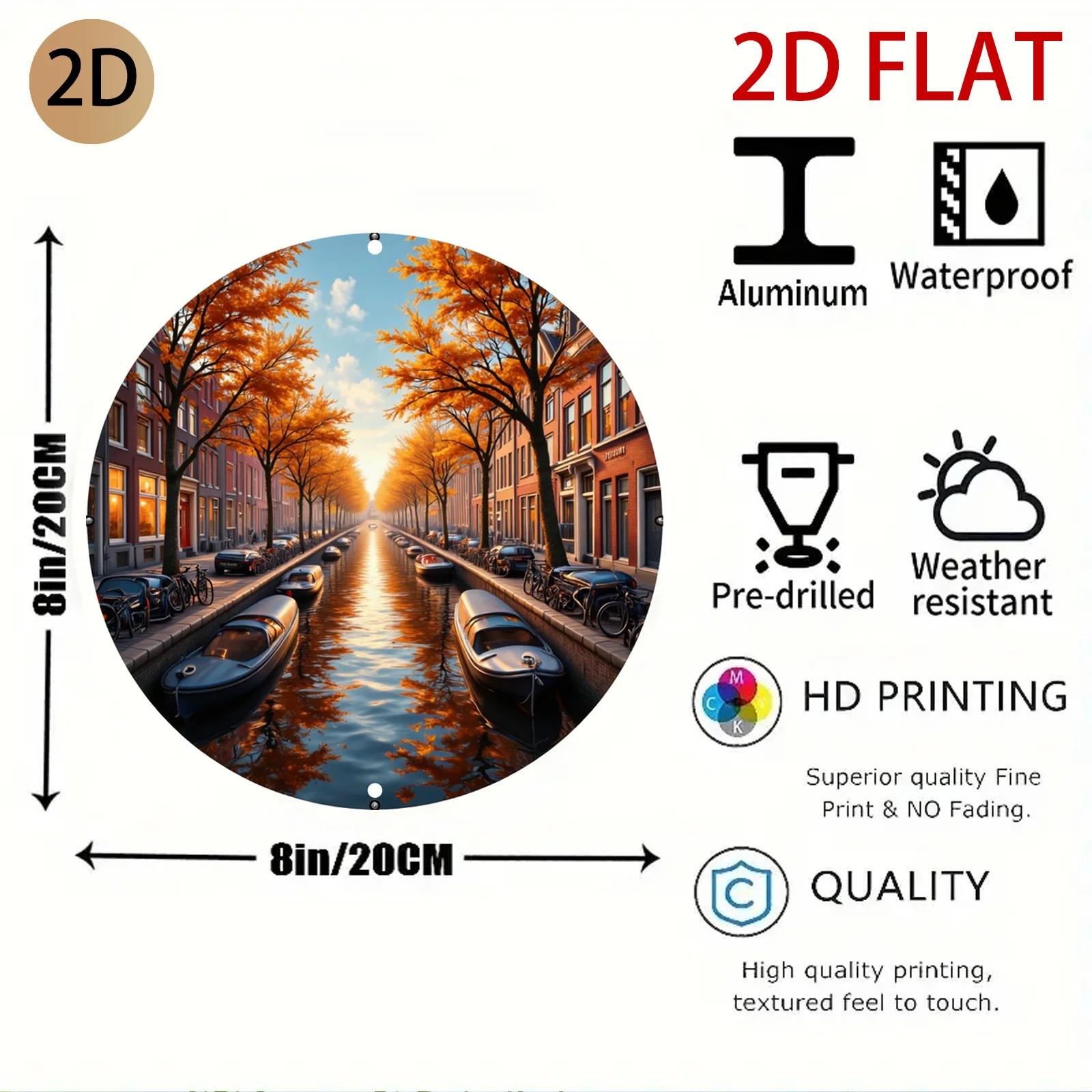 2D Flat, 2d Flat Autumn Amsterdam Canal Metal Sign Vintage Round Wall Art Scenic Boats and Orange Trees Decor for Home Patio Caf
