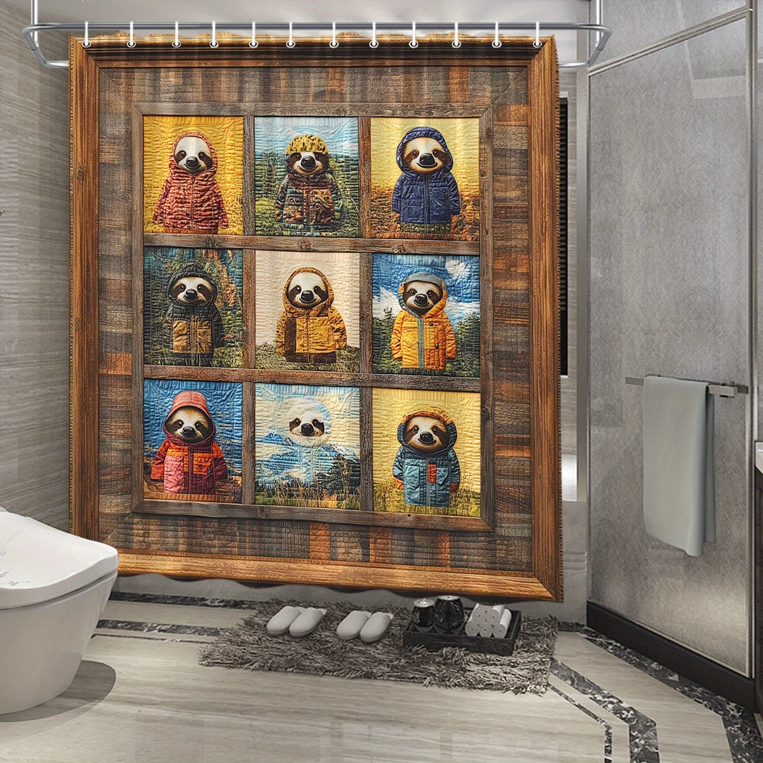 

Sloths in Raincoats Shower Curtain - Colorful Quilt Photo, Playful Cozy Design, Water-Resistant Polyester