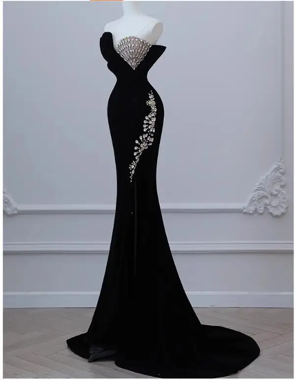 

Black Banquet Evening Gown 2024 New Strapless Fish Tail Sequin Host Costume