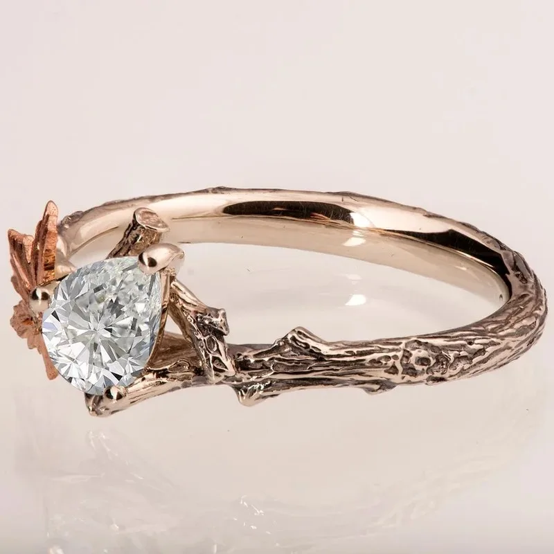 Huajie Classic Women\'s Maple Leaf Shaped Bright Zircon Inlay Elegant Rings Romantic Bride Wedding New Ring Jewelry Tide