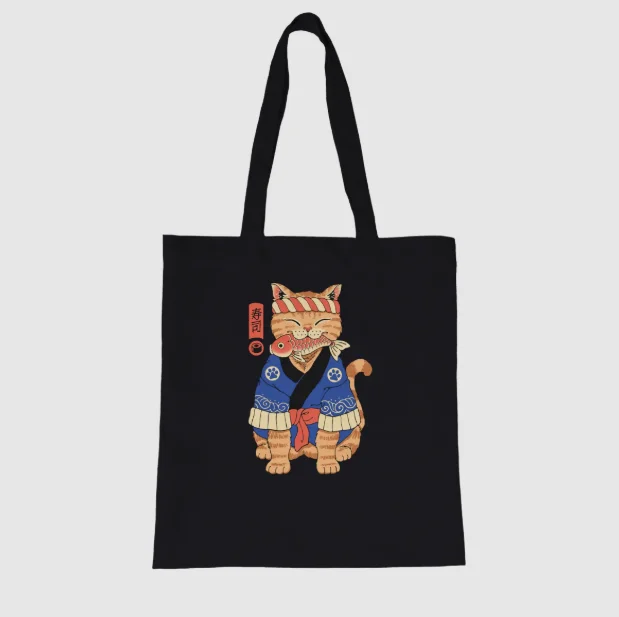 

Canvas Tote Bag Cute Cat Casual Fashion Versatile Grocery Bag Shoulder Bag Japanese Sushi Cat with Fish Tote Bag Hand Bags