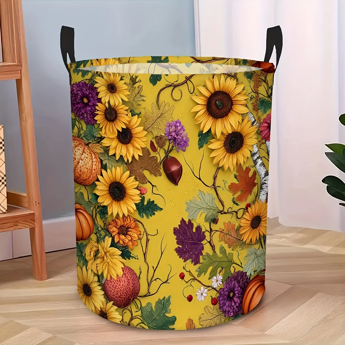 1pc 2D Flat Pattern Printed Autumn Harvest Flower Round Storage Basket Sunflower And Leaf Pattern Rural Cottage Style