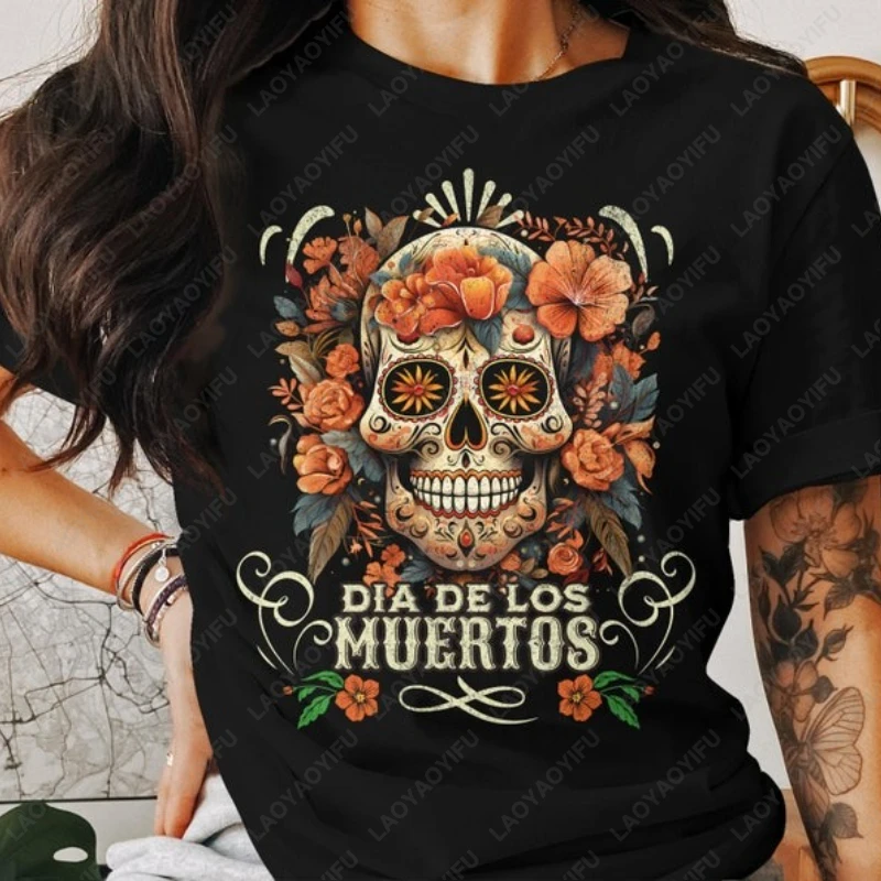 Celebrate in Style Floral Skull Dia De Los Muertos TShirt Men Women Vintage Nostalgia Classics Tops Trending Hipster Cotton Tees