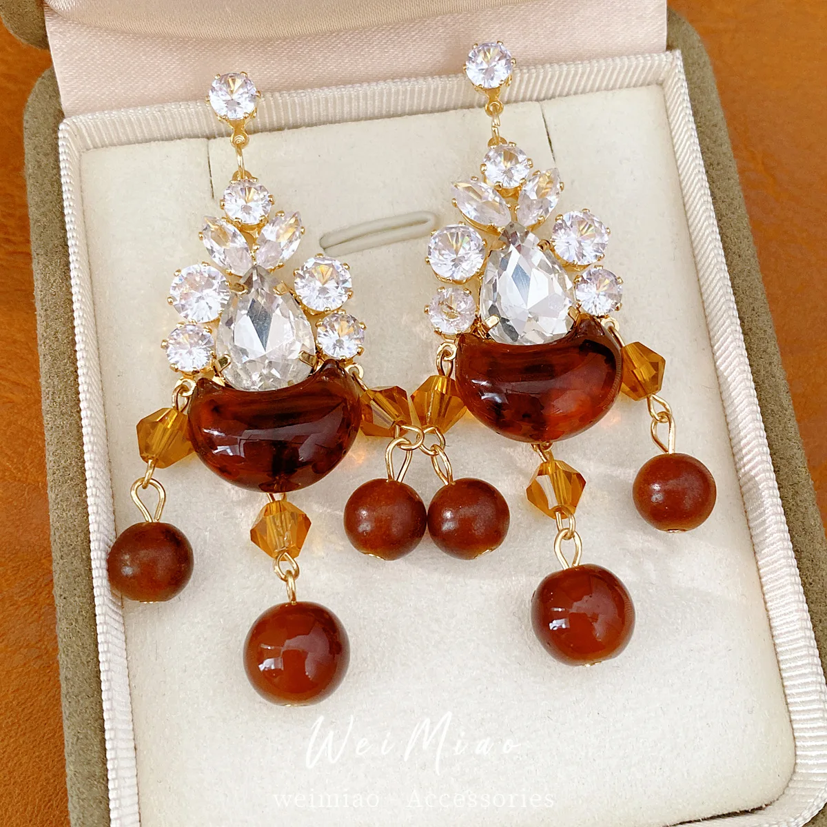 Chandelier Drop Earrings Teardrop Crystal Amber Crescent Moon Charm Dangle Ball Pendant Chic Evening Banquet Jewelry Gift