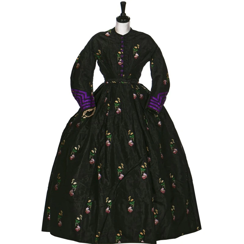 

Изготовленное на заказ винтажное черное бархатное бальное платье в стиле середины XIX века, викторианское ренессансное платье с цветочным узором, траурное платье