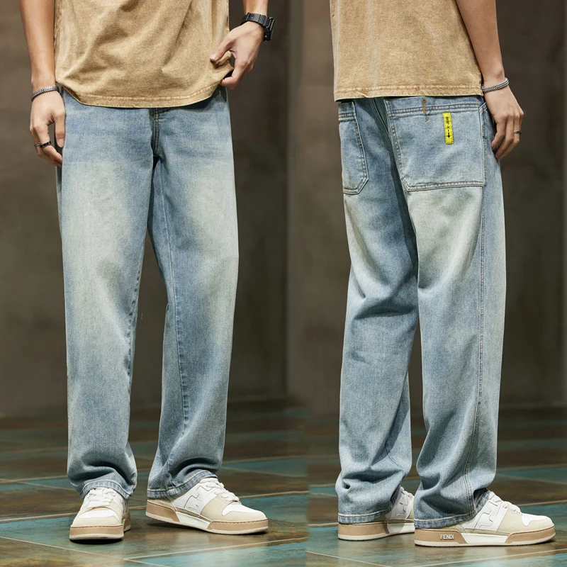 Jeans For Men Baggy Pants Loose Fit Wide Leg Straight Cut Light Blue 2023 Spring And Summer Men's Jeans Streetwear Hiphop Casual