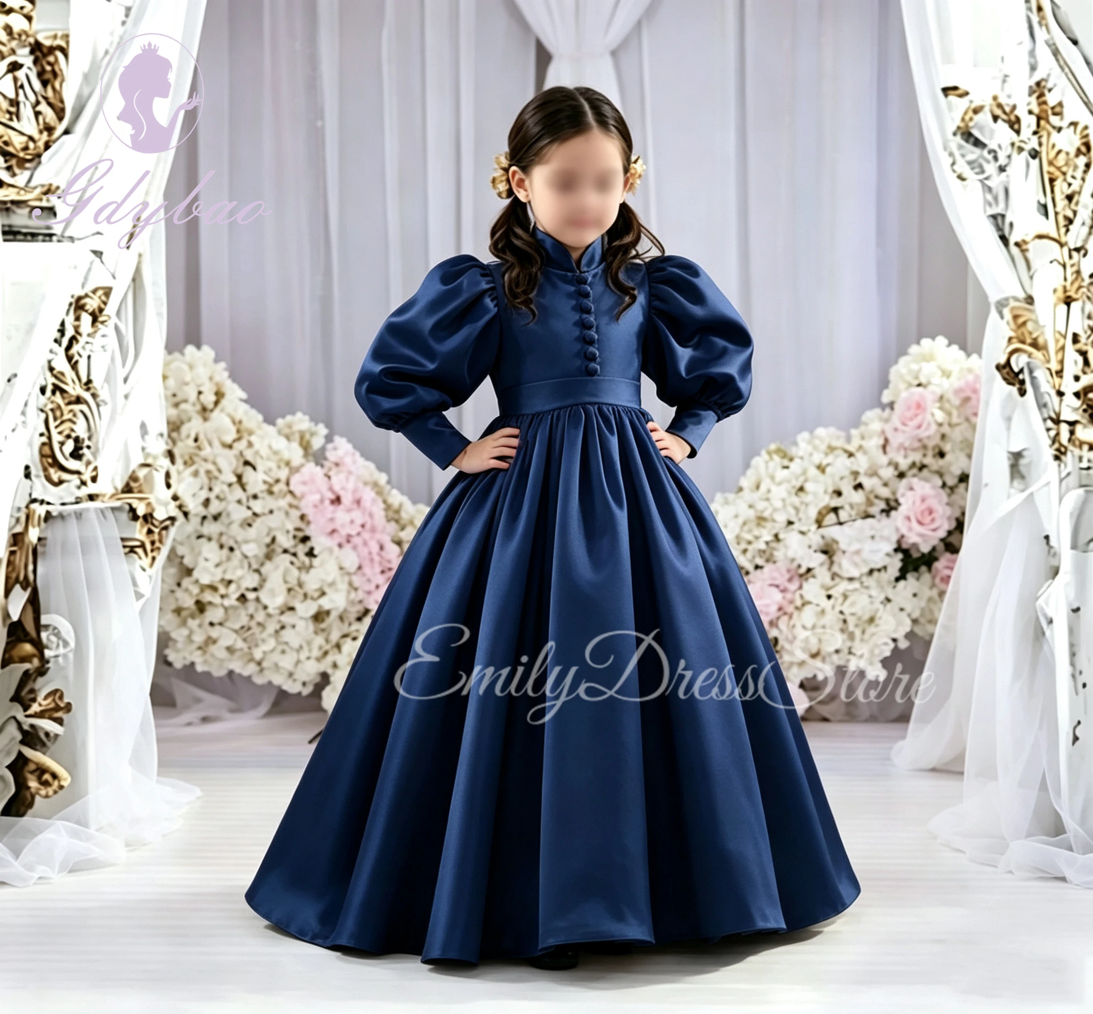 Customized Pink Navy Blue Flower Girl Dress For Wedding Simple Satin High Neck Elegant Kids Birthday Party First Communion Gown